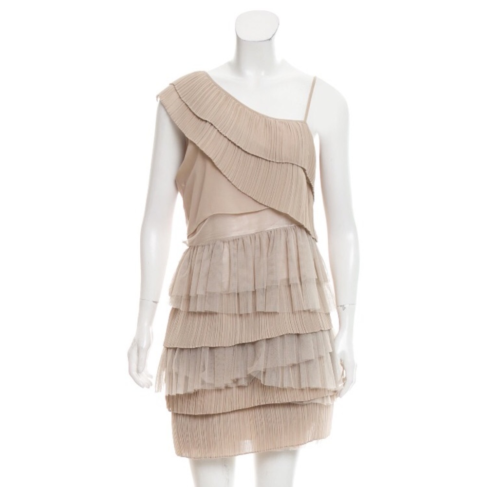 One shoulder pleated ruffled beige dress tan